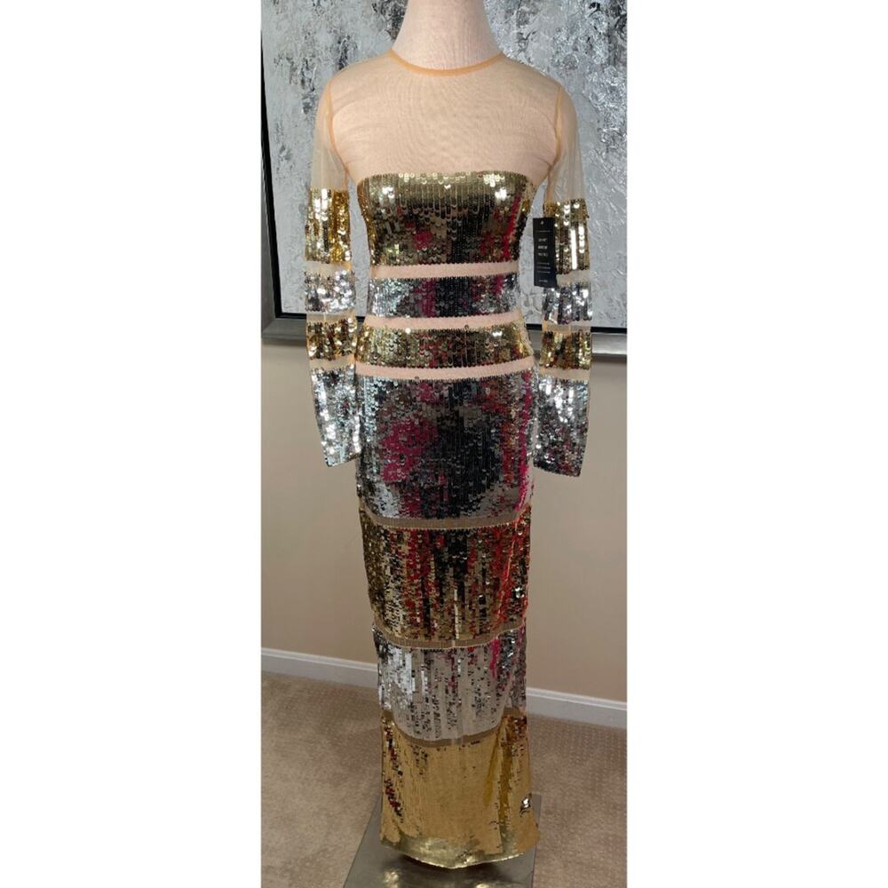 RETROFETE Desi Sequin Embellished Long Sleeve Sheer Mesh Maxi Dress Size Small - Picture 3 of 8